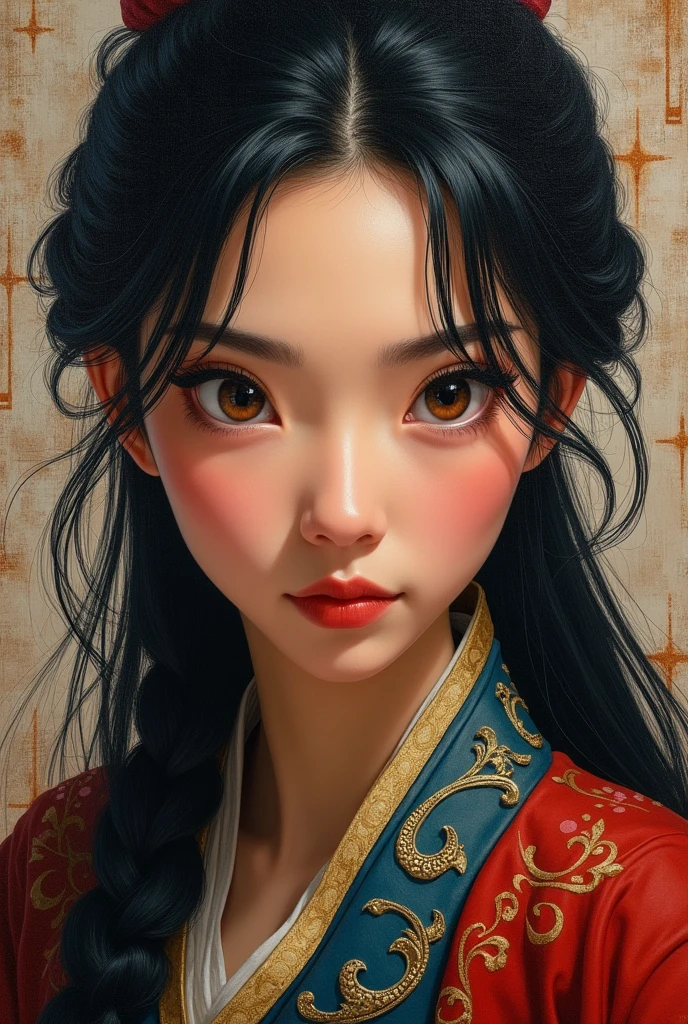 Mulan as a samurai girl, fearless expression, close up, oil painting, beautiful detailed eyes, beautiful detailed lips, extremely detailed face and features, long eyelashes, gorgeous ornate samurai armor, dramatic lighting, intricate background details, muted color palette, painterly brushstrokes, masterpiece, best quality, 8k, photorealistic