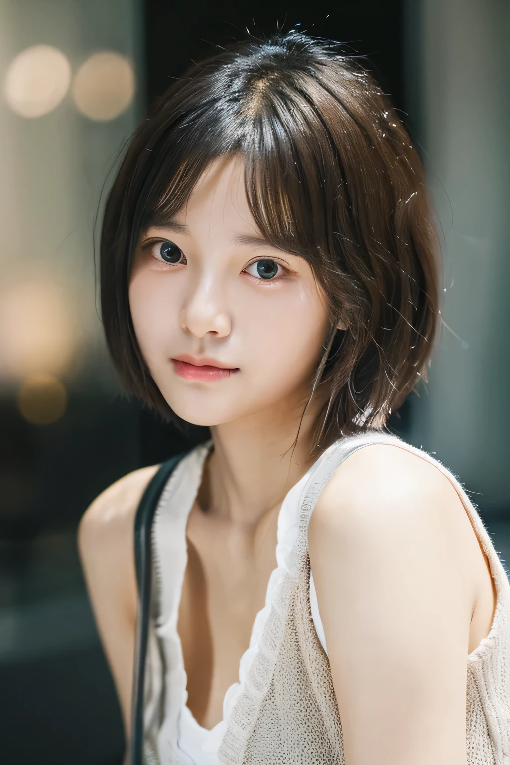 student girl korean cute　face　model studio photo background in departemen store highly detailed ,8k, masterpiece ,short hair 