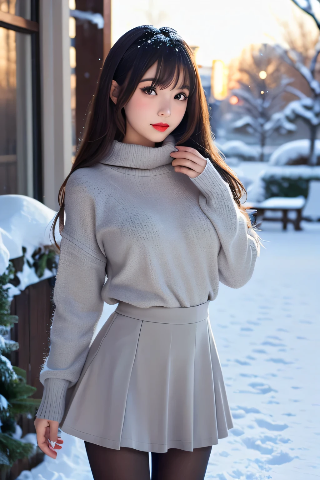highest quality, Japanese girl, gray hair, large eyes, cute, pouting, sweaterdress, high waisted skirt, pantyhose, realistic, floating hair, lots of snow, detailed face, winter, sunlight, realistic, big breasts, red lipstick, emiru, very cute, long hair with bangs