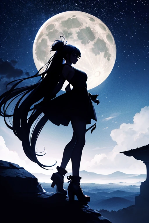 Highest quality,Big moon and shadow,A silhouette of a person can be seen against the backdrop of a large moon.,There is one full moon,There is a mood,Beautiful scenery,Starry Sky