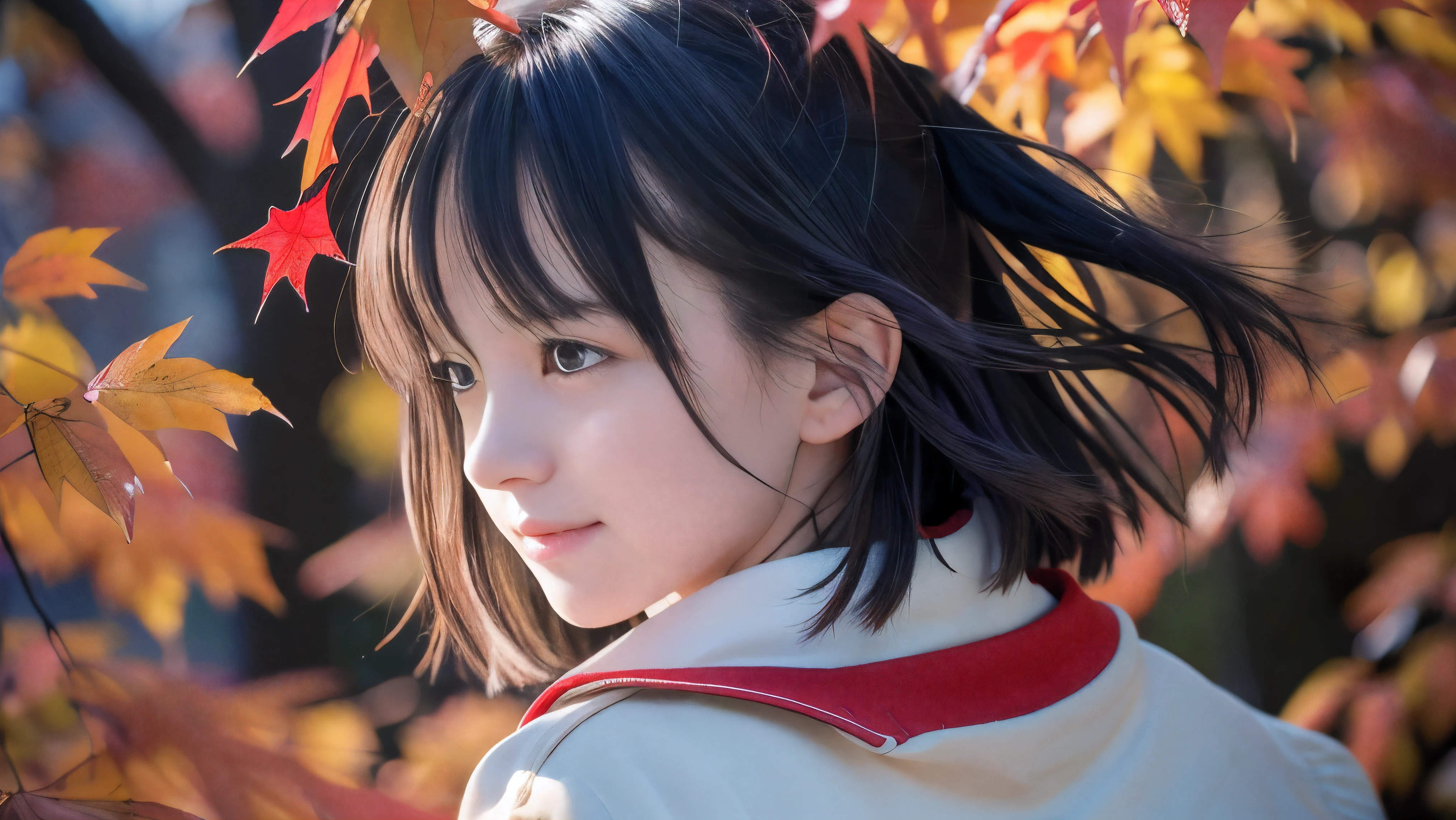 (Close up face shot of one slender small two side up black medium hair bangs girl with crying little smile face in long sleeves black school uniform:1.5)、(One girl is turn around and her hair is blowing in long sleeves black school uniform:1.5)、(Beautiful red leaves and autmn mountain:1.5)、(Softer:1.5)、(8k ultra detailed master piece:1.5)、(perfect anatomy:1.5)、(Photorealistic stick:1.5)、(Raw photo:1.3)、(highest quality:1.5)、(High resolution:1.3)、(Delicate and beautiful perfect face:1.3)、(Delicate and beautiful eye air skin:1.3)、(Real Human Skin:1.3)、((thin legs))
