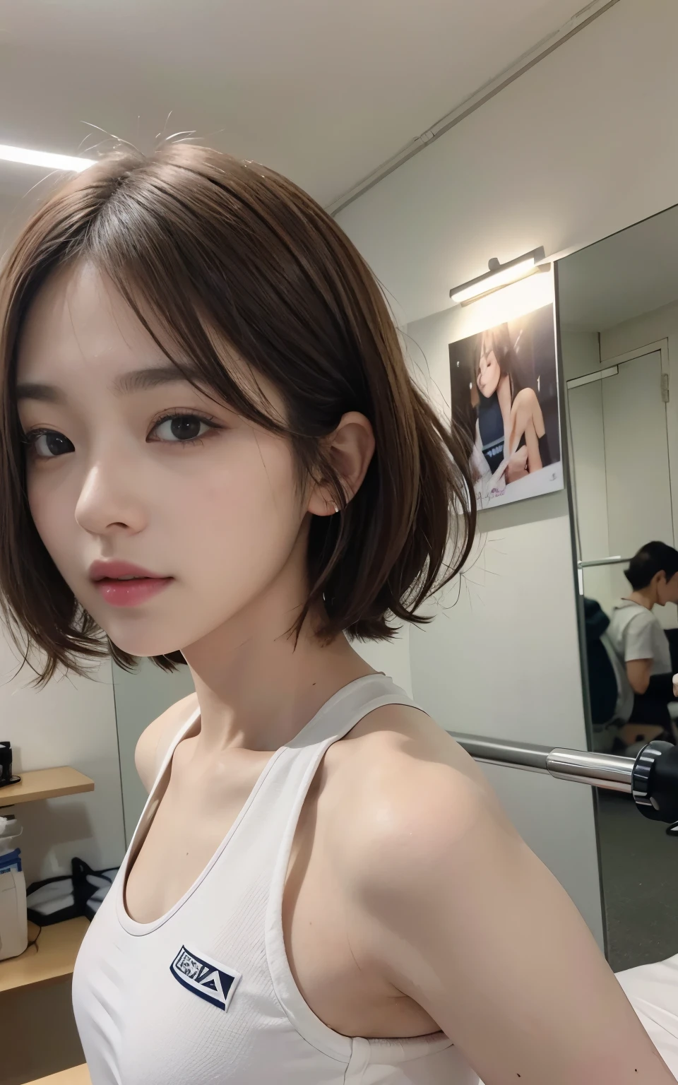 cute 21 year old japanese、university student、sportswear、super detailed face、Eyes、double eyelid、Beautiful thin nose、sharp focus:1.2、Beauty:1.4、(light brown hair、short hair、),pure white skin、、slender body、highest quality、masterpiece、ultra high resolution、(Photoreal:1.4)、High definition and professional lighting、laughter、big gym、