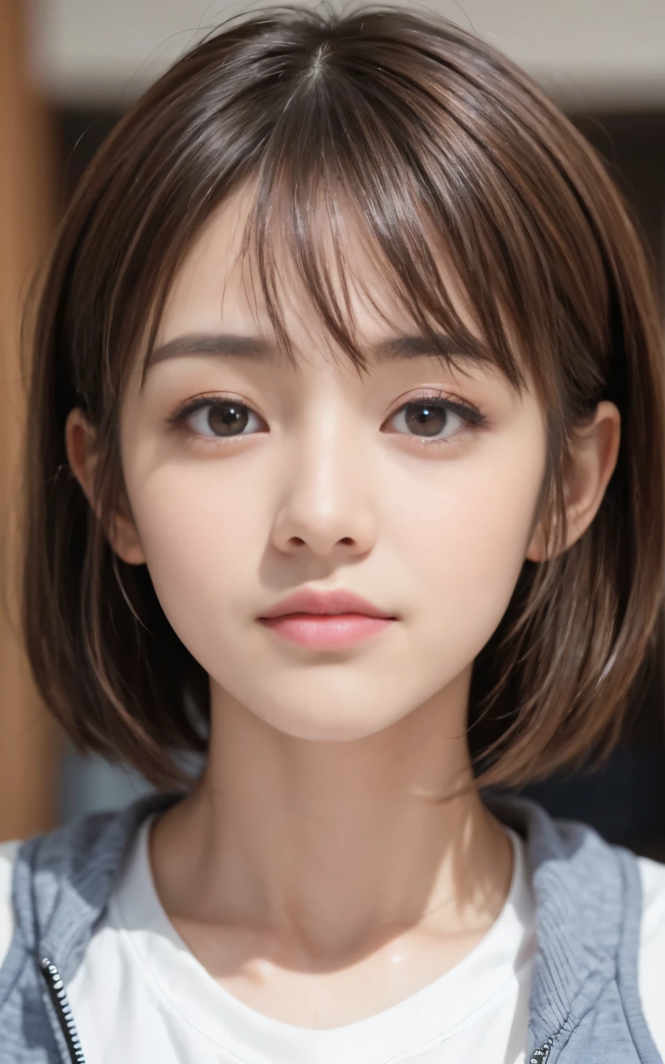 cute 21 year old japanese、university student、sportswear、super detailed face、Eyes、double eyelid、Beautiful thin nose、sharp focus:1.2、Beauty:1.4、(light brown hair、short hair、),pure white skin、、slender body、highest quality、masterpiece、ultra high resolution、(Photoreal:1.4)、High definition and professional lighting、laughter、big gym、