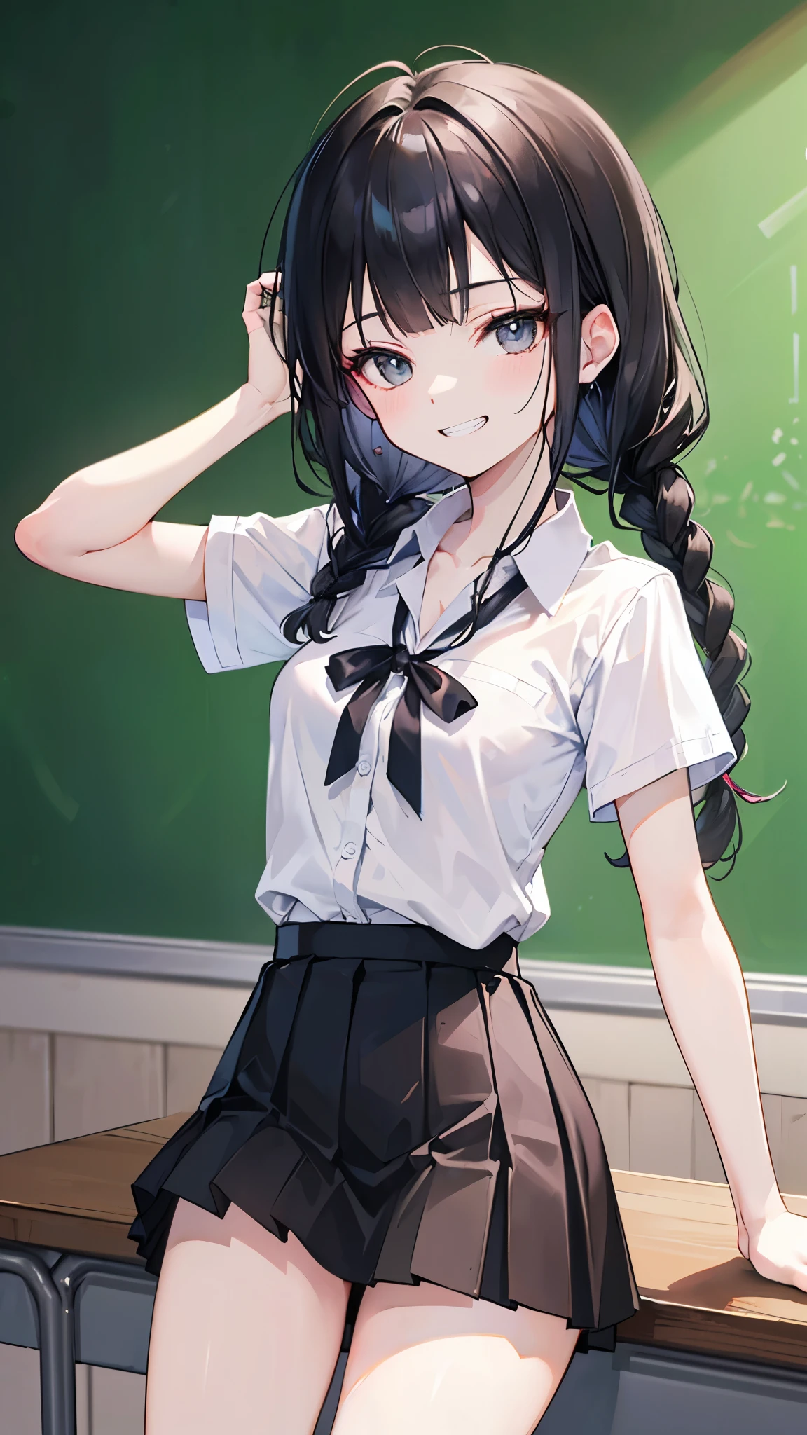 ((masterpiece、Highest quality、Very detailed))、One person、Black Hair、Long Hair、twin braids、blunt bangs、Grey Eyes、evil smile、((Grin))、Small breasts、((clavicle))、cleavage、((White collared shirt))、Short sleeve、((Black pleated skirt))、((micro miniskirt))、Cowboy Shot、Classroom Background