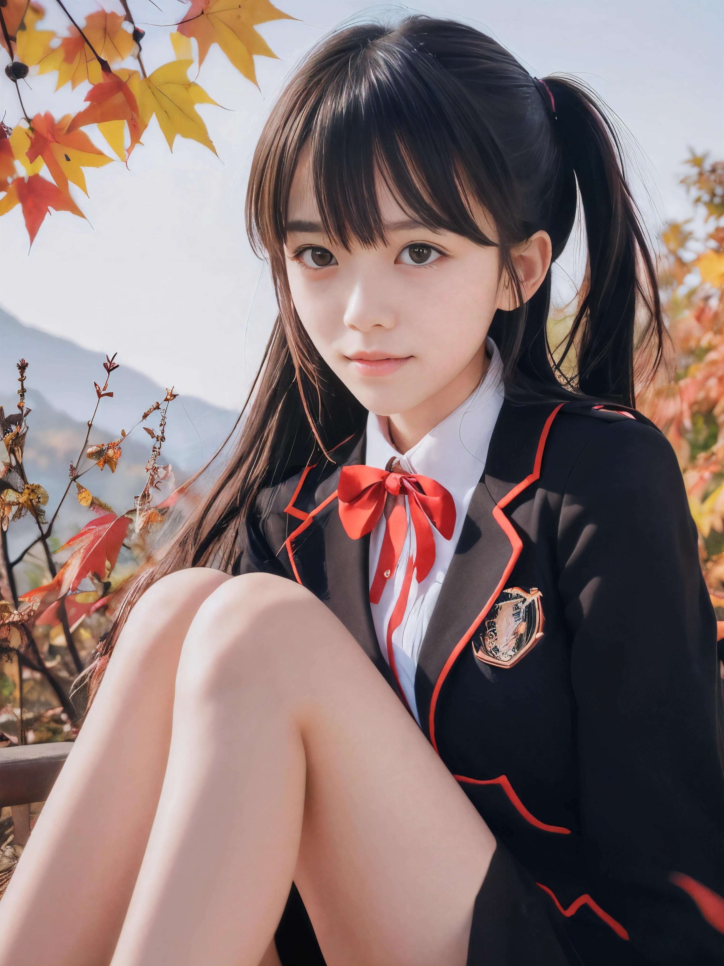 (Close up face shot of one slender small breasts two side up black medium hair bangs girl with crying little smile face in a black blazer uniform with a red trimmed collar and black skirt:1.5)、(One girl is turn around and wearing a uniform with a black blazer and a skirt with a red edging collar:1.5)、(Beautiful red leaves and autumn mountain:1.5)、(Soft filter:1.5)、(8k ultra detailed master piece:1.5)、(perfect anatomy:1.5)、(Photorealistic stick:1.5)、(Raw photo:1.3)、(highest quality:1.5)、(High resolution:1.3)、(Delicate and beautiful perfect face:1.3)、(Delicate and beautiful eye air skin:1.3)、(Real Human Skin:1.3)、((thin legs))