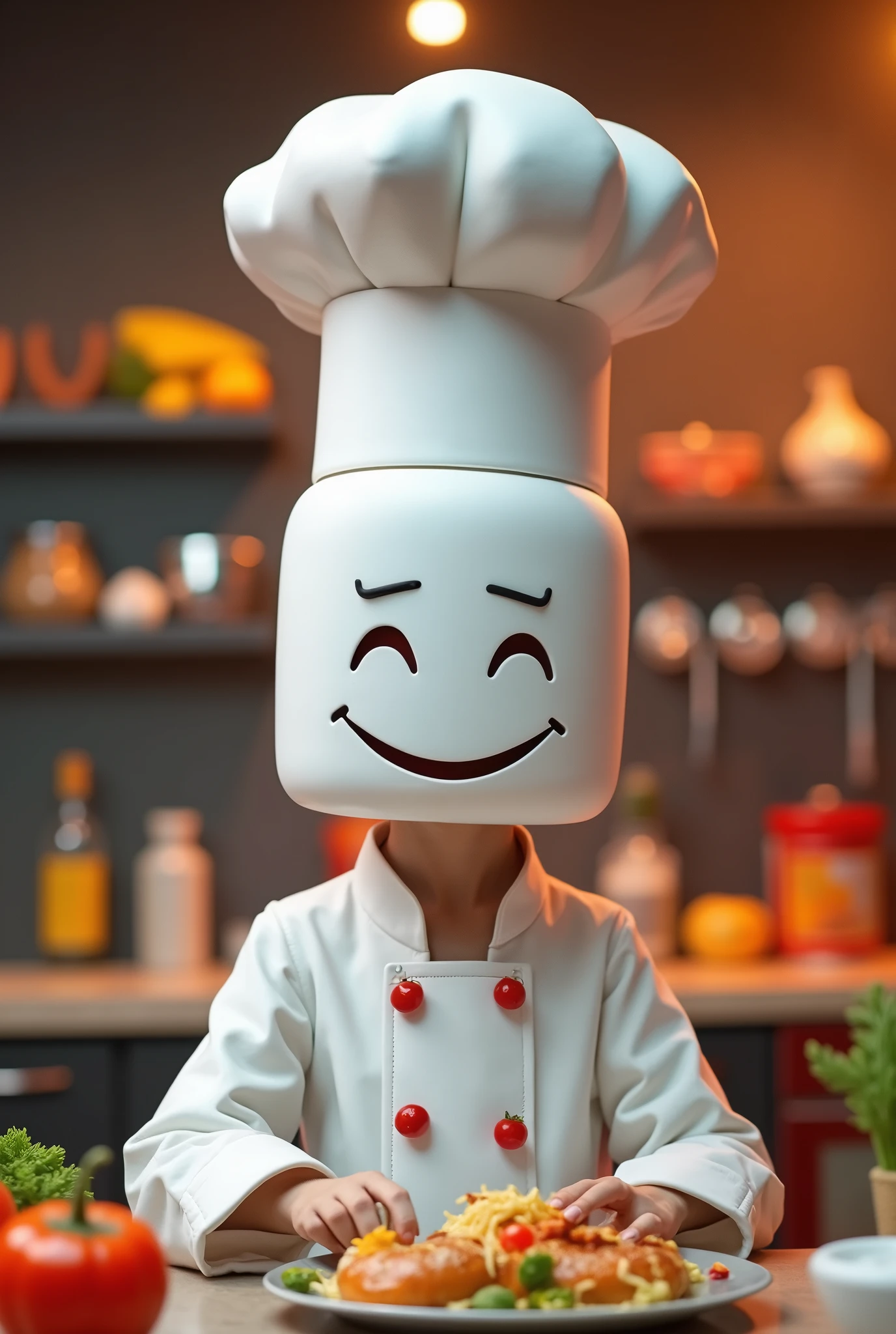 Create a unique chef-inspired mask that completely covers your face, Taking Marshmello's iconic style as a reference. The mask must include elements that clearly represent a chef., like a chef's hat integrated into the design. The face should have a clean and modern appearance., with stylized features such as a minimalist smile or a neutral expression, that gives it a friendly and accessible touch. The mask should be in white or metallic tones, with subtle and fun accents, as utensils (spatula, whisk) or food icons (carrot, tomato). The design should evoke a sense of fun and energy, suitable for a character called 'Chef play music', which specializes in cooking with AI-generated animated music. The mask must be functional for video production, allowing good visibility and breathability, while maintaining a smooth, professional appearance."