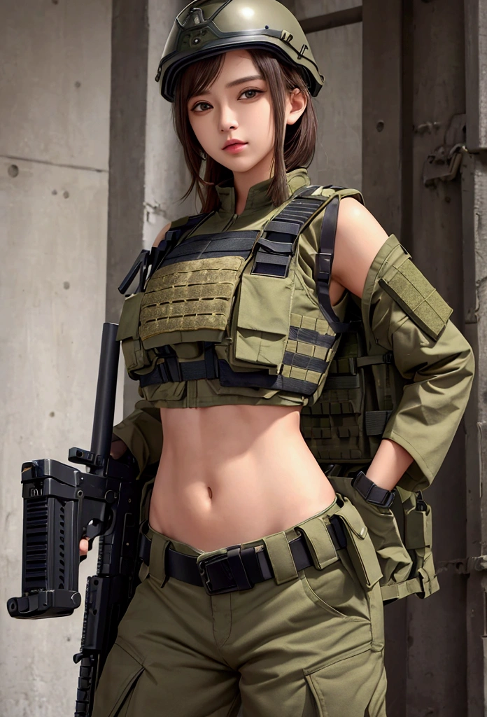 girl in crop top military bulletproof vest , military green cargo pants, belt, military helmet, tactical, (open navel),