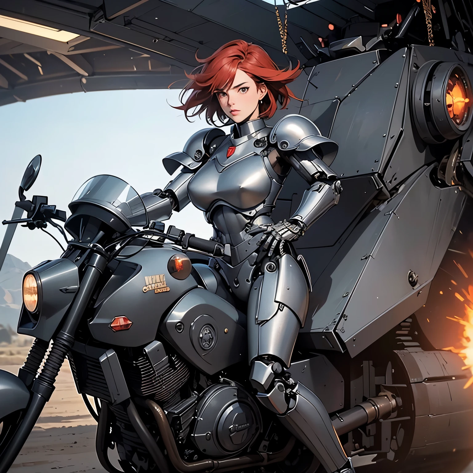 nsfw, anime screencap, 16K, perfect anatomy proportion body, perfect hands, action, A dynamic composition with a sense of speed and movement, (open cockpit, Ride a large, heavily armored, mechanical military bike:1.6), a wife, 40age, perfect beautiful delicate sexy face, perfect beautiful delicate slanted eyes, red hair, swept bangs pixie cut, medium breasts, abs, Heavy armored robotic steam engine full armor powered suit with chainmail, Many heavily armored robot soldiers are engaged in a firefight in the background., Flying bullets, Desert Battlefield, war, Post-apocalyptic,