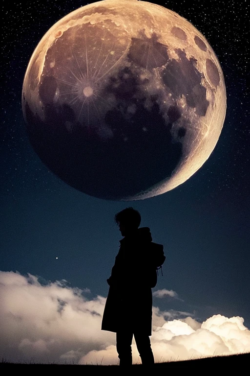 Highest quality,Big moon and shadow,A silhouette of a person can be seen against the backdrop of a large moon.,There is one full moon,There is a mood,Beautiful scenery,Starry Sky