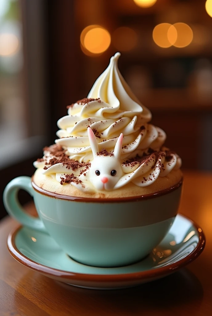 A cafe au lait with a coffee latte art of a rabbit topped with plenty of whipped cream