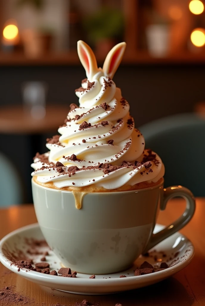 A cafe au lait with a coffee latte art of a rabbit topped with plenty of whipped cream