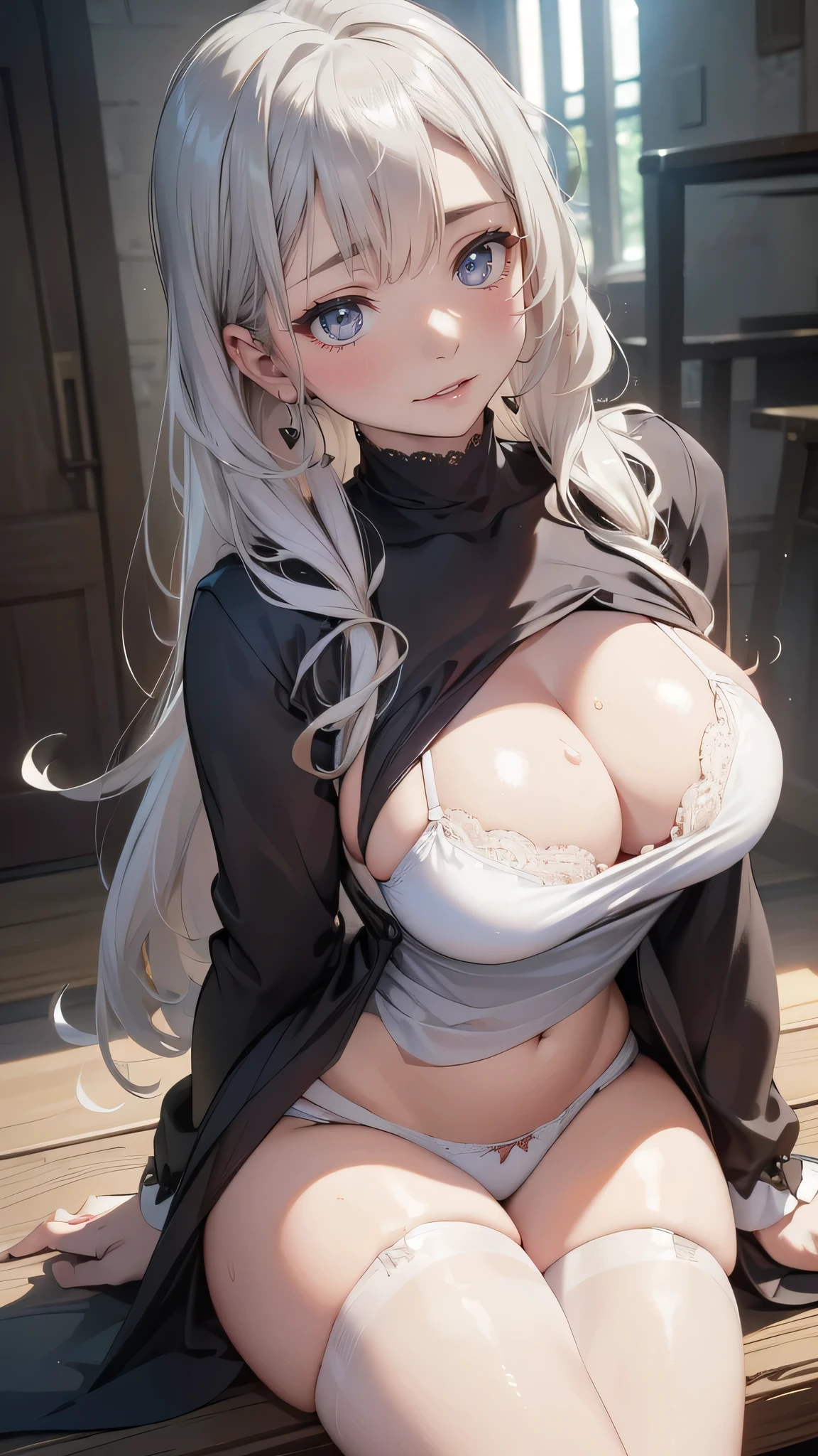 (masutepiece: 1.3), (max resolution: 1.2), (Ultra HDTV: 1.2), cinematric light, 8K resolution, Detailed eyes and skin, detailed facial features, , (Sharp Focus: 1.2), (Focus on Face:1.2),Perfect Style, Beautiful face, acurate, Anatomically correct, Highly detailed face and skin texture, Detailed eyes, Double eyelids, Thin eyebrows, Glitter Eyeliner: 1 Natural cheeks, Glossy skin, Fair skin: 1.2, (Glossy lips: 1.4),、 (Shy look: 1.2),Highly detailed facial and skin texture, Detailed eyes, Double eyelids, Natural cheeks, , shiny lips: 1.4,Exposed cleavage、Sperm taken、Overflowing sperm、Flowing sperm、 red blush、humiliated、impatience、dismay、Frightened、glares、Sexually arousal、Provocation、embarrassed from、Open knees、open one's legs、 White underwear、White bra、Shiny little earrings and necklaces、Disheveled clothes、Dressing、Exposed panties、Wearing sweat、sodden、Sheer underwear、Stockings、 23 instars, Neat and clean woman,1 persons、 upturned breasts, Back alley、sit in、In daylight、sexy pose、a blond、A dark-haired、White-silver hair、Blue ash eyes、Green ash eye,(Monastic uniforms:1.3)、Glaring expression、full of sweat、