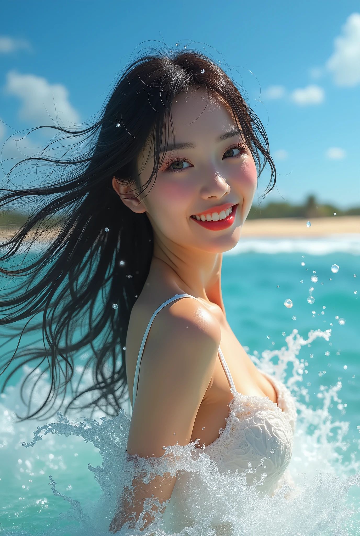 a beautiful woman frolicking in the sea, smiling 1 person, high resolution, masterpiece, best quality, high quality model, high quality, ultra-detailed, realistic skin, long hair, large breasts, asian, japanese, model濃いメイク,