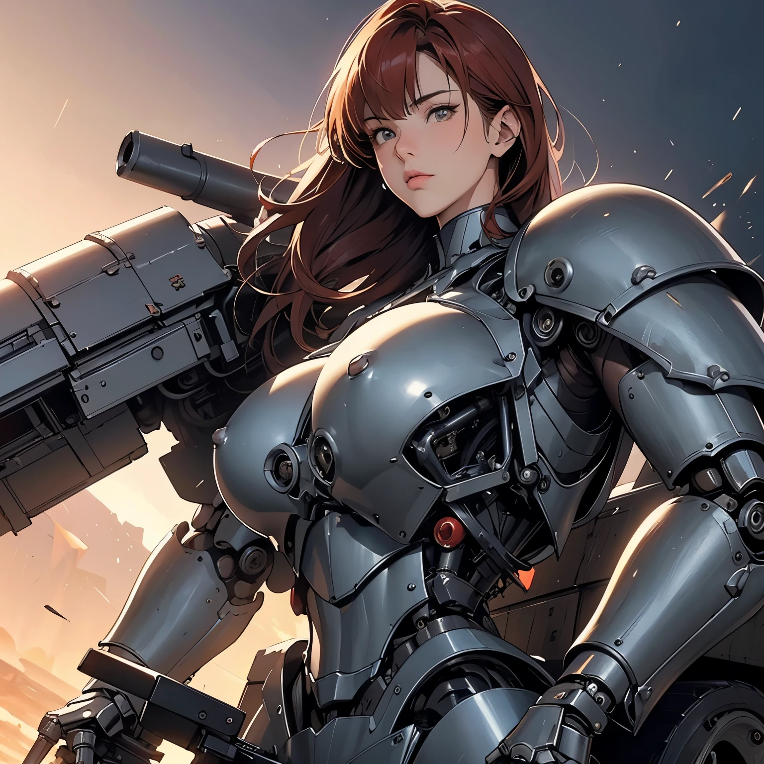 nsfw, anime screencap, 16K, perfect anatomy proportion body, perfect hands, action, A dynamic composition with a sense of speed and movement, (open cockpit, Ride a large, heavily armored, mechanical military bike:1.6), a wife, 40age, perfect beautiful delicate sexy face, perfect beautiful delicate slanted eyes, red hair, swept bangs pixie cut, medium breasts, abs, Heavy armored robotic steam engine full armor powered suit with chainmail, Many heavily armored robot soldiers are engaged in a firefight in the background., Flying bullets, Desert Battlefield, war, Post-apocalyptic,