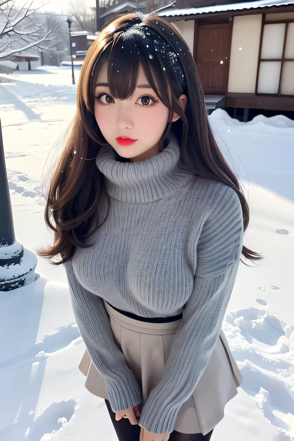 highest quality, Japanese girl, gray hair, large eyes, cute, pouting, sweaterdress, high waisted skirt, pantyhose, realistic, floating hair, lots of snow, detailed face, winter, sunlight, realistic, big breasts, red lipstick, emiru, very cute, long hair with bangs