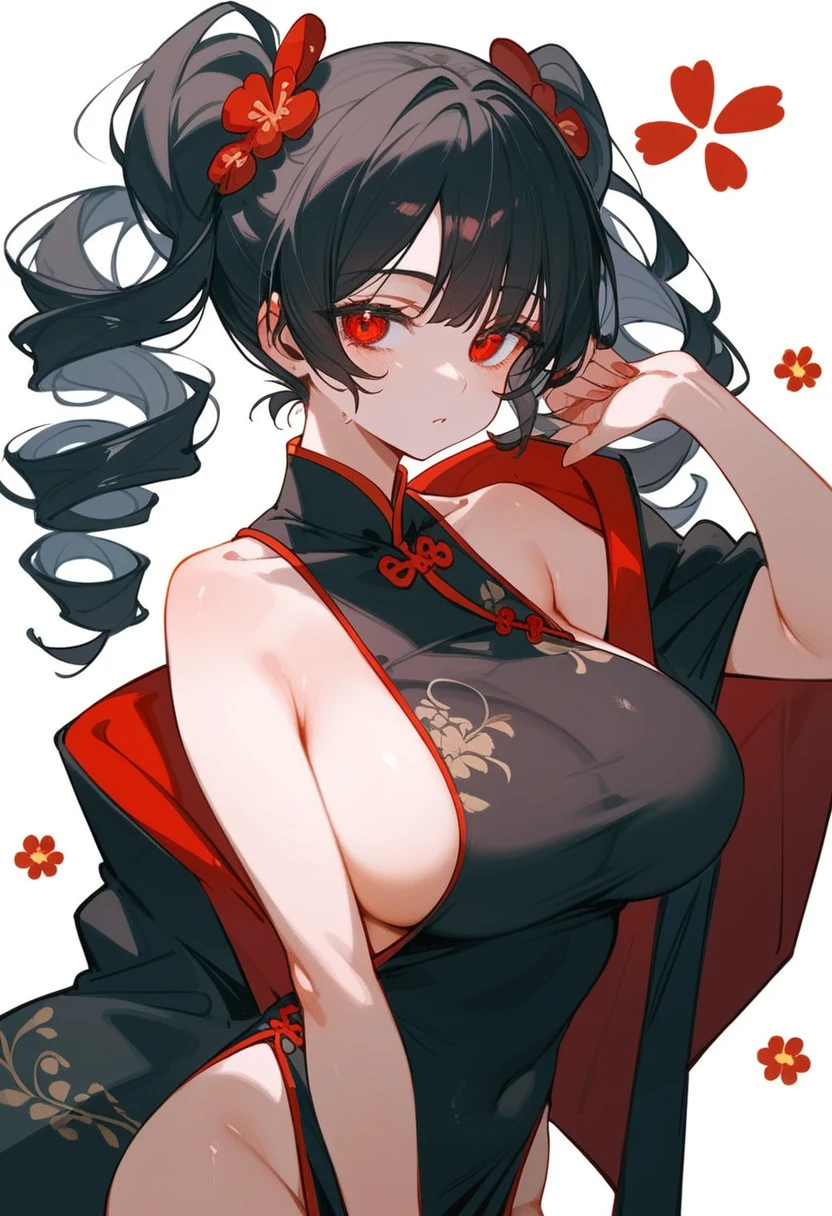 High quality illustrations。A seductive adult woman。With defined eyeliner。Her skin is flesh-colored、She has black hair。Her hairstyle is twin tails with vertical roll curls on each side.。Red eyes。She is wearing a black cheongsam。Have big breasts、She has good style、She&#39;s blushing a lot, but she&#39;s giving a peace sign with a calm, expressionless face.。Heart mark in the eyes。Lying on their back with their legs spread in a splayed position。He's gasping for breath and sweating.。Used condoms scattered around。It has a slit in the center of the chest.。The front is hidden like a curtain。Background is a Chinese-style bed。With cream on it。