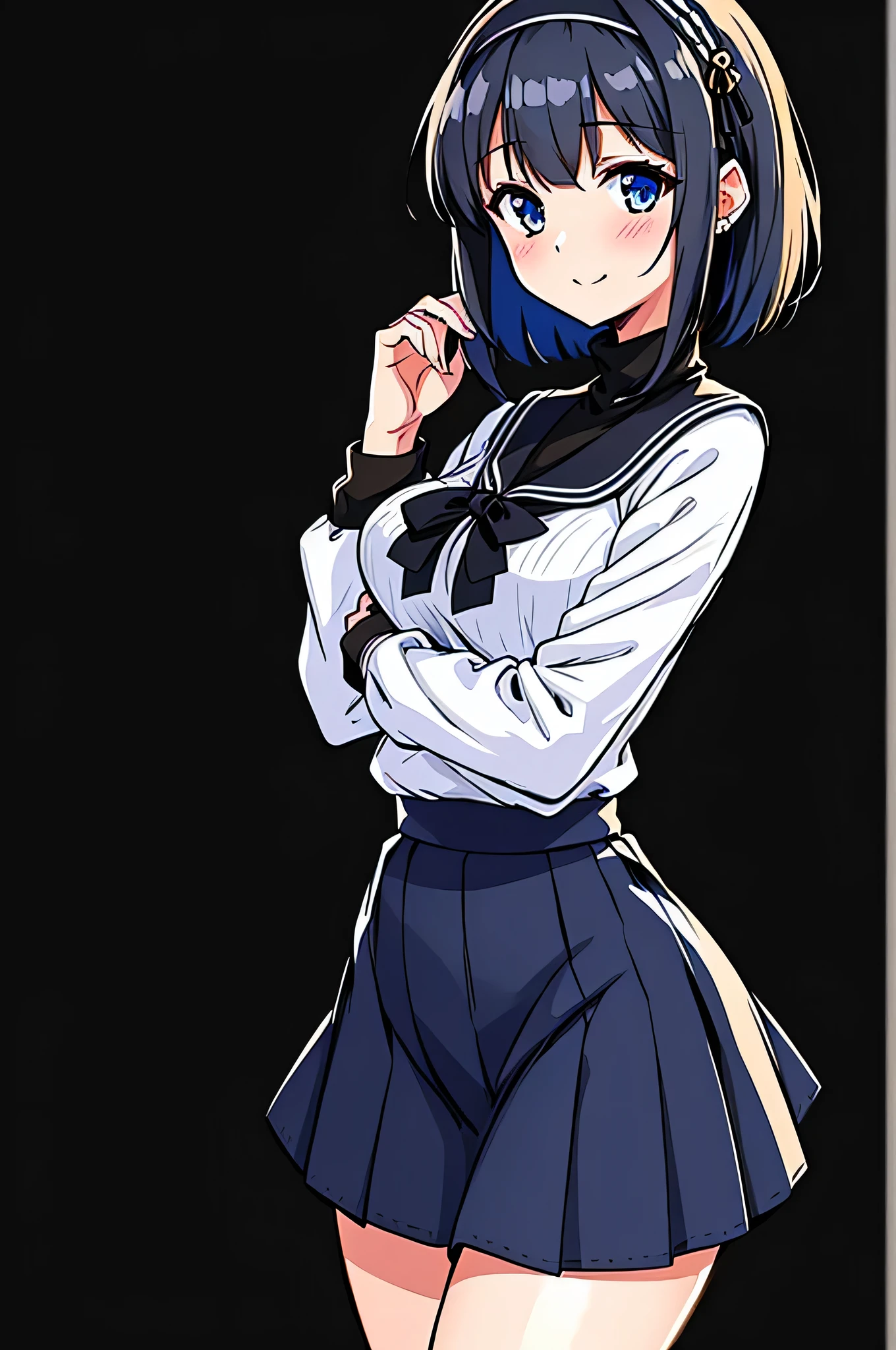 all intricate details, masterpiece, best quality, highres, 1girl, solo, jewelry, skirt, sweater, necklace, black skirt, black hair, short hair, ribbed sweater, socks, turtleneck sweater, turtleneck, white socks, blue eyes, long sleeves, pleated skirt, ribbon, breasts, bow, hair ribbon, hairband, hair bow, bangs, firm breasts, medium breasts, sarashina ruka, cowboy shot, smile, random sexy angle.