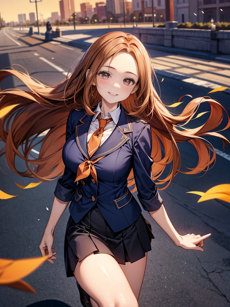 One person, Chestnut Hair, Shoulder-length hair,Half Up,Large Breasts, smile, Droopy eyes, Quiet,perspective, height: 165cm,High School Uniform,Navy blue blazer,White blouse,Orange ribbon tie,Grey knee-length flared skirt,Anime Style,Knee-length skirt,Healthy sex appeal,High resolution, Anatomically correct, 最High quality, Corruption, detailed, High detailed, High resolutionモデル, High quality, quality, Very detaileded, 超High resolution, Textured skin, Exposed forehead,happiness, Viewfinder, smile, Multiview, 