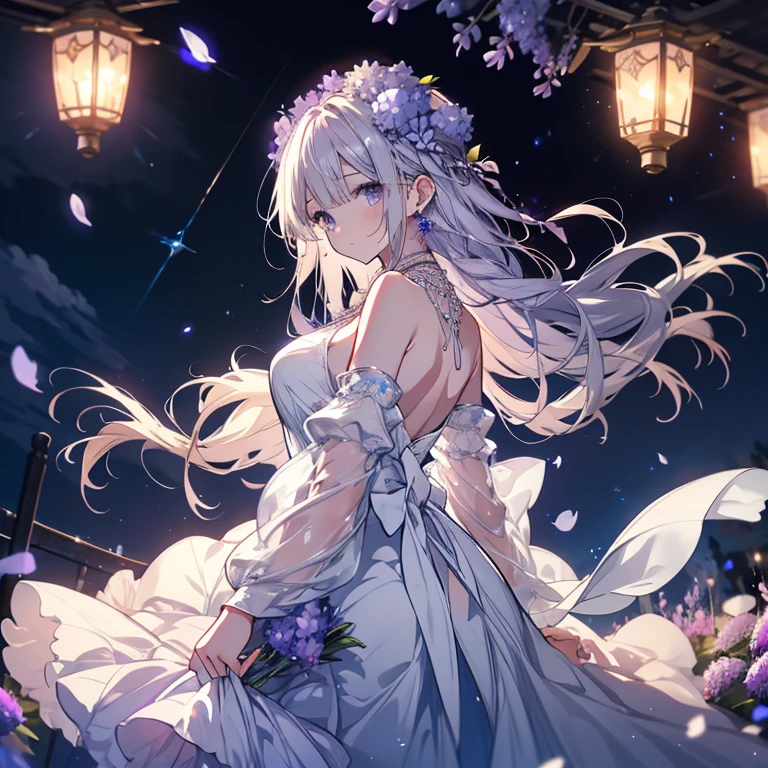 1 person、Mature、Ample breasts、Long Hair、Light-colored hair、Charm、look back、Hair blowing in the wind、Hydrangea dress、Shoulder Bare、necklace、Earrings、Lavender hydrangea、Lavender dress、Moonlit Night、Stars Shining、High resolution、Highest quality