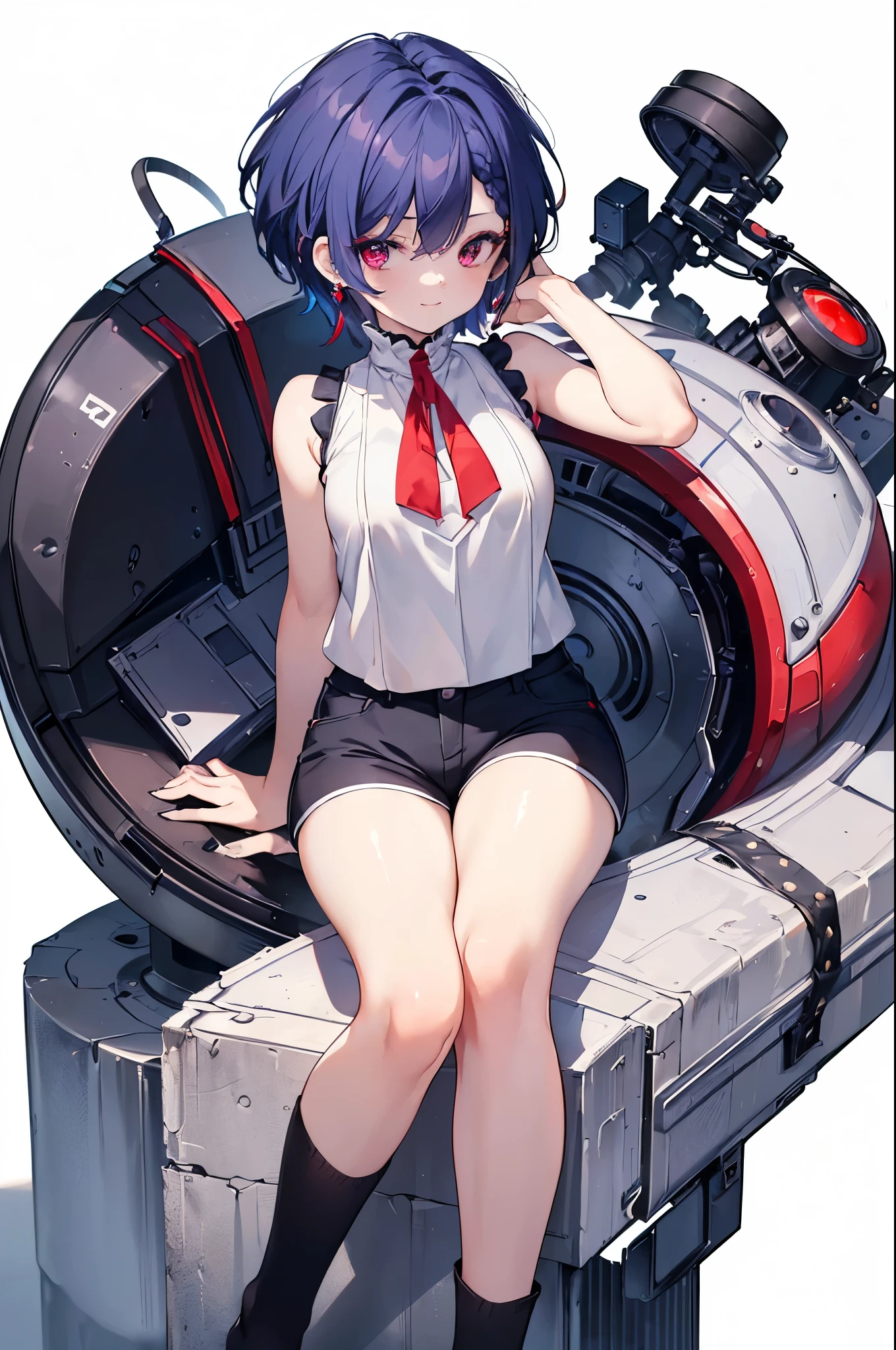 {{masterpiece}}, The best quality of life, 超High resolution, Attention to detail, high quality, High resolution, 最high quality, 4K, 8k,Attention to detail,((short indigo hair、Deep blue short hair)Braided Hair) 、 Cute female, 、One woman、(((Crimson Eyes、Red eyes、Red eyes、Beautiful attention to detail,A woman with beautiful eyes)))、Expressionless adult woman、((White background))、small but well-shaped breasts,、(((Sleeveless with white high neck、Black short hot pants、Knee-high socks)))、standing smiling、Cute Smile、Small earrings