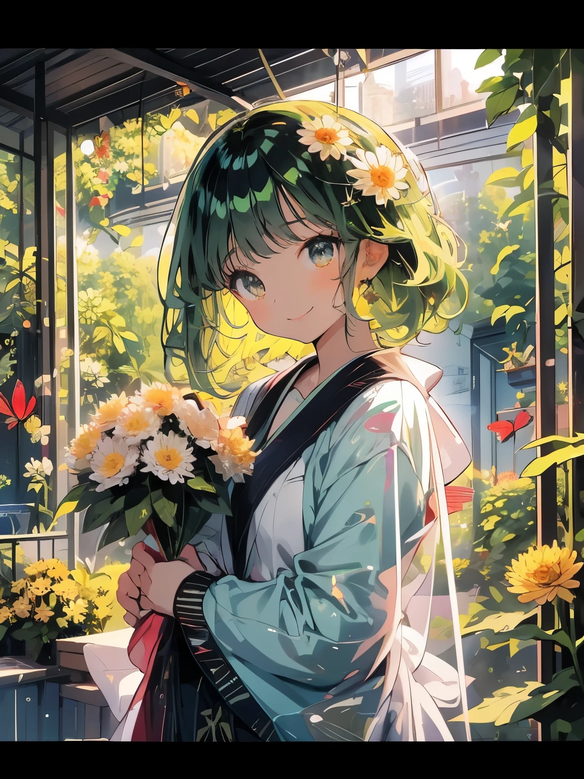 Masterpiece、smile、Anime Girls,Dark green hair、Cute Anime Girls、smile、((chrysanthemum))、Lots of chrysanthemums、fractal art、Gwaiz、Pool、garden、Flower garden、Red butterfly