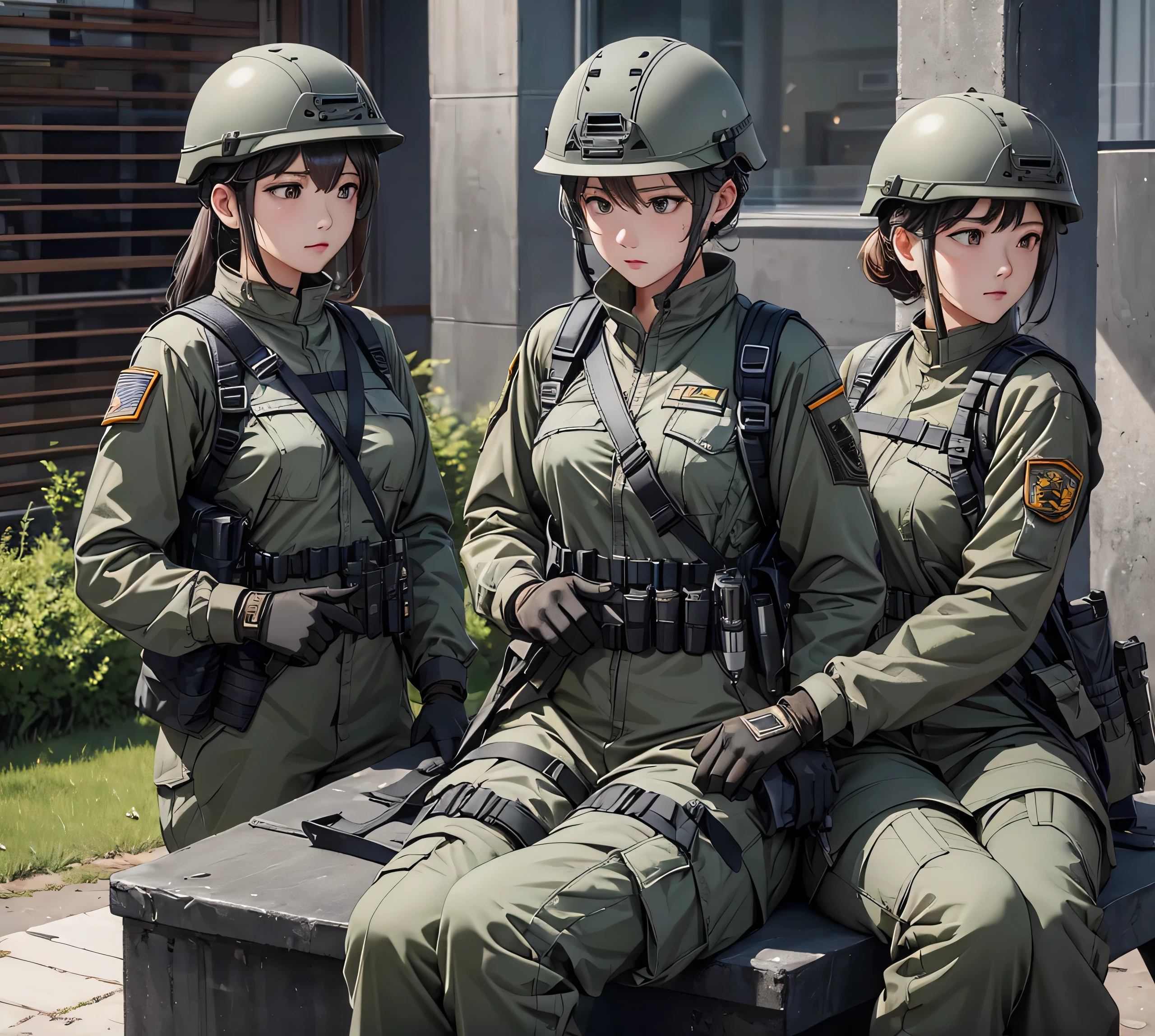 A group of female soldiers wearing gray M-51 uniforms、Put on a helmet、Gloves、Magazine Pouch、Tactical harness、Rest beside、Write details、masterpiece、best quality、Highly detailed CG、8K picture quality