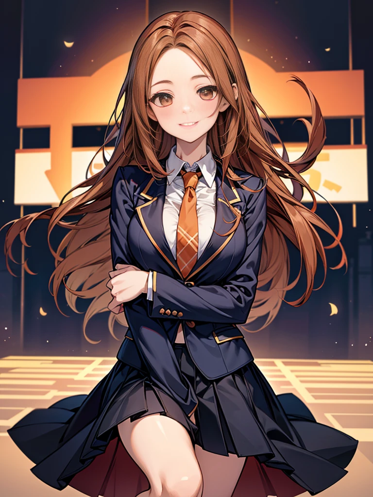 One person, Chestnut Hair, Shoulder-length hair,Half Up,Large Breasts, smile, Droopy eyes, Quiet,perspective, height: 165cm,High School Uniform,Navy blue blazer,White blouse,Orange ribbon tie,Grey knee-length flared skirt,Anime Style,Knee-length skirt,Healthy sex appeal,High resolution, Anatomically correct, 最High quality, Corruption, detailed, High detailed, High resolutionモデル, High quality, quality, Very detaileded, 超High resolution, Textured skin, Exposed forehead,happiness, Viewfinder, smile, Multiview,