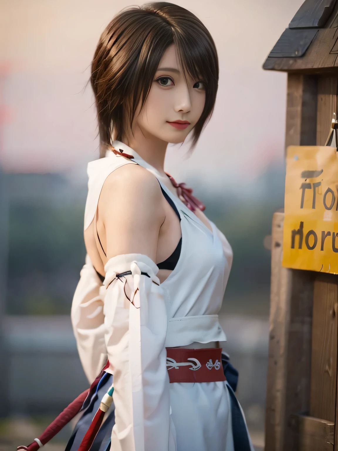 20 year old Japanese beauty,One person、Muscular body like a bodybuilder、Emphasize the breasts、Slit eyes、A head-to-toe view,Bust is very very large、The background is a medieval European kitchen、High quality photos、Clear, crisp images of the lower body、Masterpiece 8k、Smiling、Spinning and kicking、From the front, from the side, from the back, etc.々from what camera angle to shoot、FF10 Yuna's outfit、