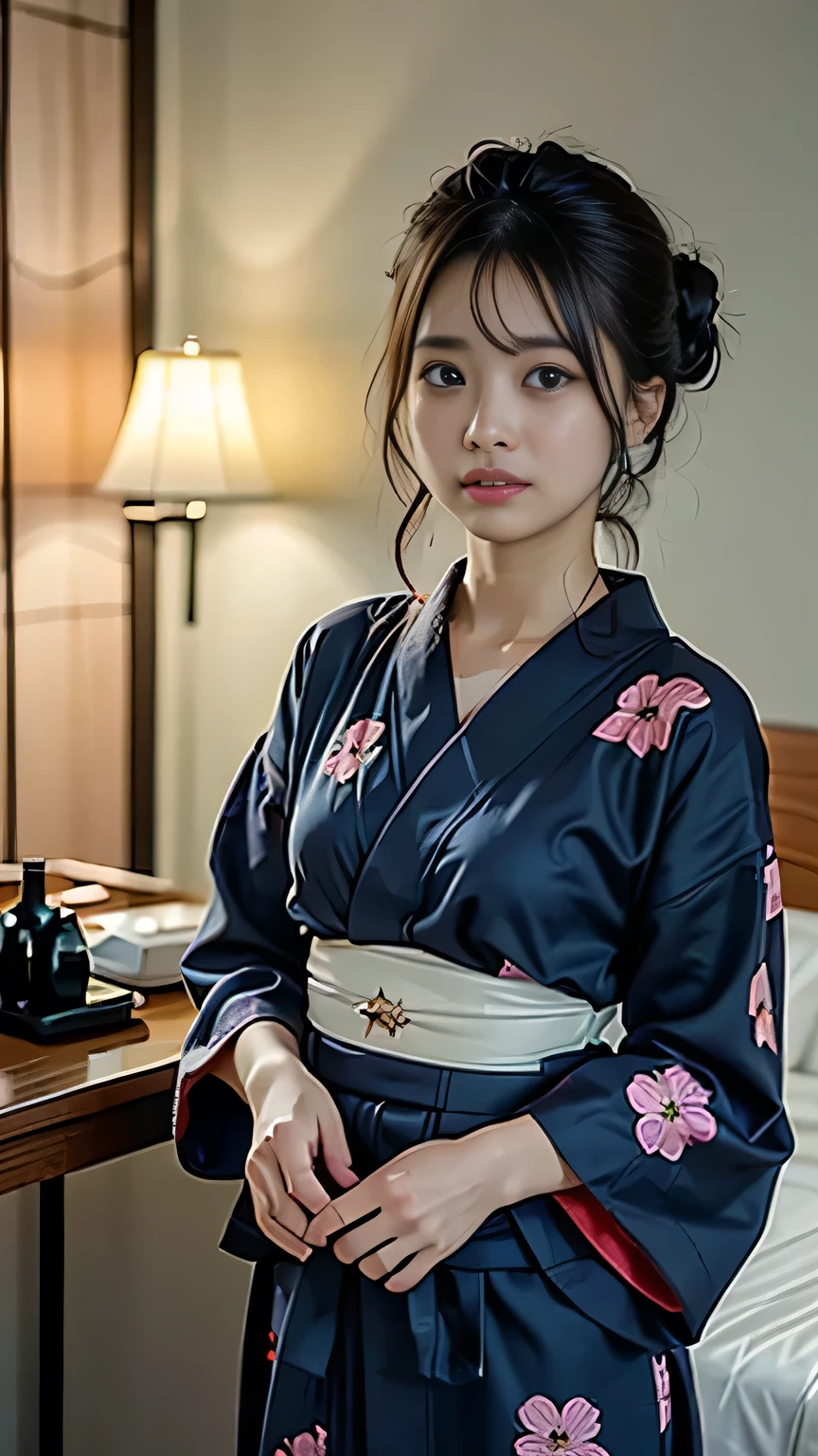 (Tabletop, Highest quality:1.4), Beautiful Face, 8k, 85mm, Absurd, (((Dark hotel bedroom:1.4)))、(Wine-red floral yukata:1.2), ((Cowboy Shot:1.4))、Delicate, alone, Single hair bun:1.7、night, View your viewers, Upper Body, Film Grain, chromatic aberration, Sharp focus, Face Light, Professional Lighting, Sophisticated, ((Confused expression:1.4)), (Simple Background, Bokeh Background:1.2), Detailed aspect