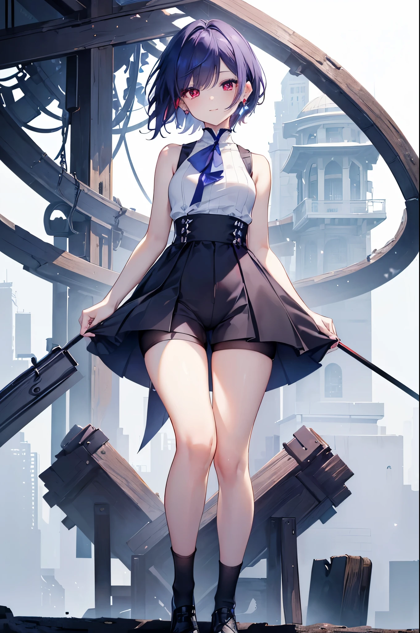 {{masterpiece}}, The best quality of life, 超High resolution, Attention to detail, high quality, High resolution, 最high quality, 4K, 8k,Attention to detail,((short indigo hair、Deep blue short hair)Braided Hair) 、 Cute female, 、One woman、(((Crimson Eyes、Red eyes、Red eyes、Beautiful attention to detail,A woman with beautiful eyes)))、Expressionless adult woman、((White background))、small but well-shaped breasts,、(((Sleeveless with white high neck、Black short hot pants、Knee-high socks)))、standing smiling、Cute Smile、Small earrings
