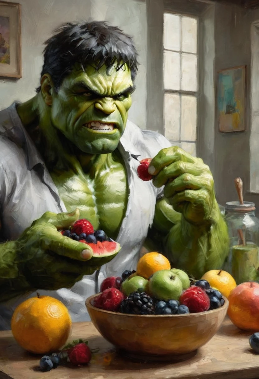 (hand) The Incredible Hulk is handling some fruit in a fruit bowl, close up on the Hulk's hands, focus on the Hulk's hands, art studio
