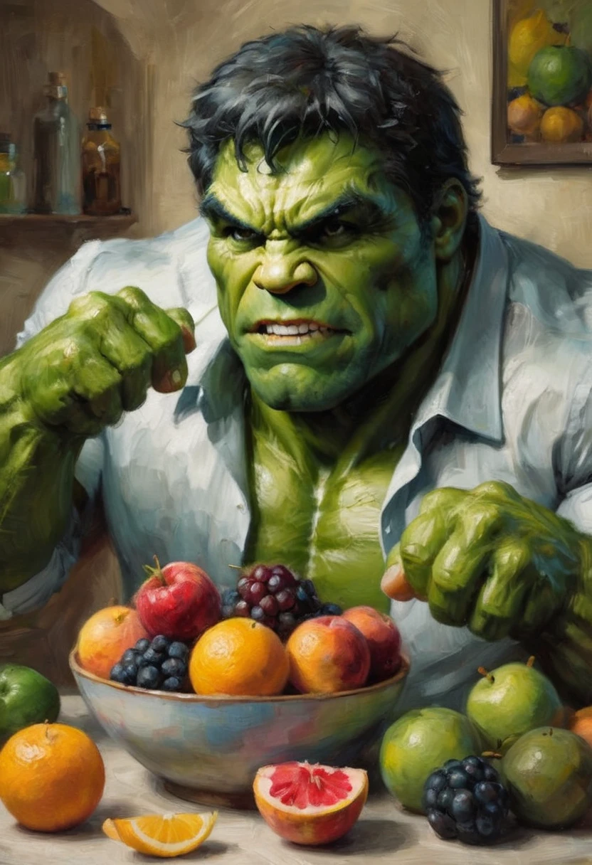 (hand) The Incredible Hulk is handling some fruit in a fruit bowl, close up on the Hulk's hands, focus on the Hulk's hands, art studio