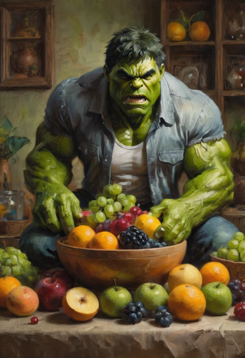 (hand) The Incredible Hulk is handling some fruit in a fruit bowl, close up on the Hulk's hands, focus on the Hulk's hands, art studio