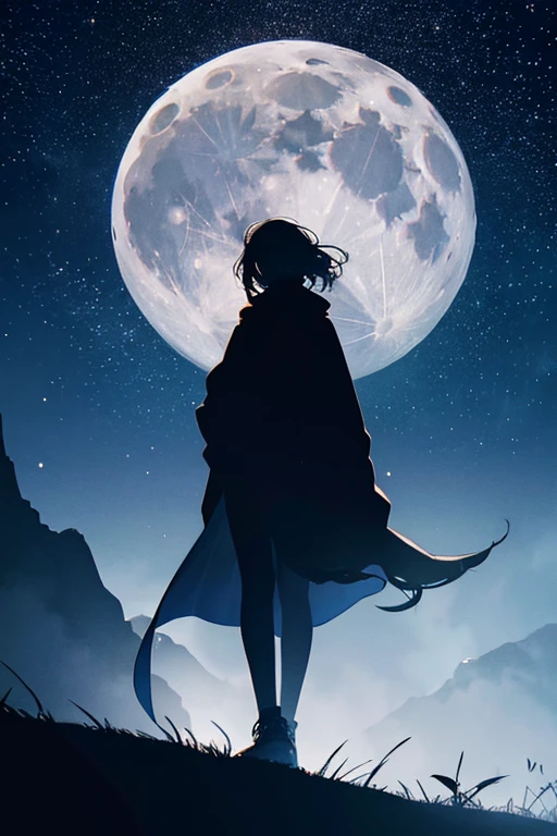 Highest quality,Big moon and shadow,A silhouette of a person can be seen against the backdrop of a large moon.,There is one full moon,There is a mood,Beautiful scenery,Starry Sky