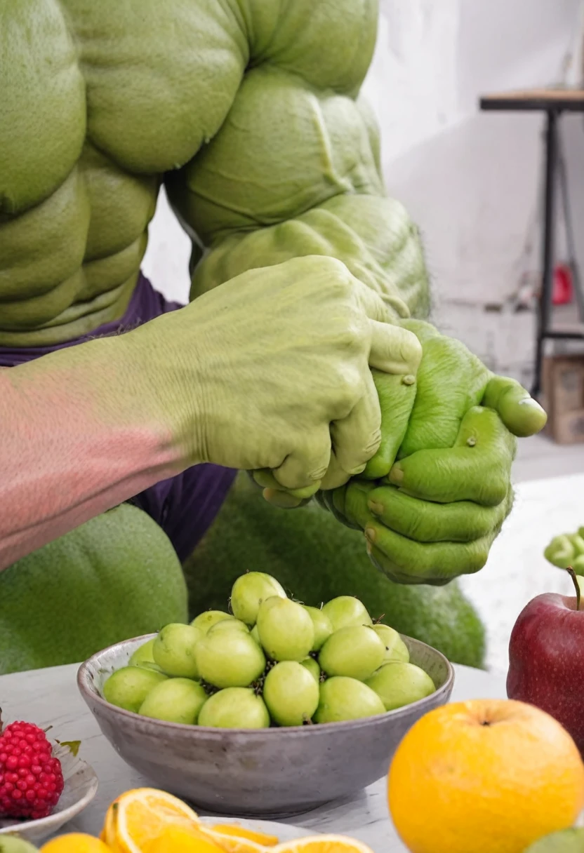 (hand) The Incredible Hulk is handling some fruit in a fruit bowl, close up on the Hulk's hands, focus on the Hulk's hands, art studio
