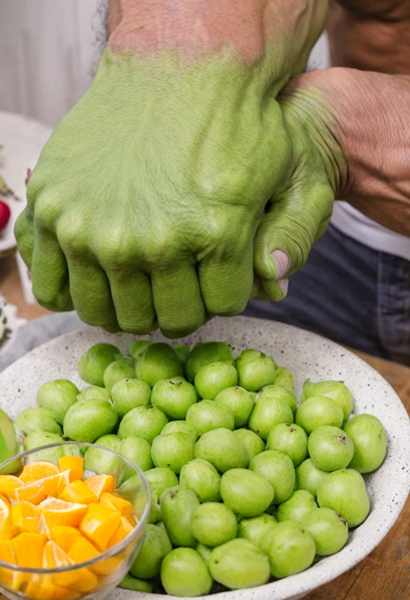 (hand) The Incredible Hulk is handling some fruit in a fruit bowl, close up on the Hulk's hands, focus on the Hulk's hands, art studio