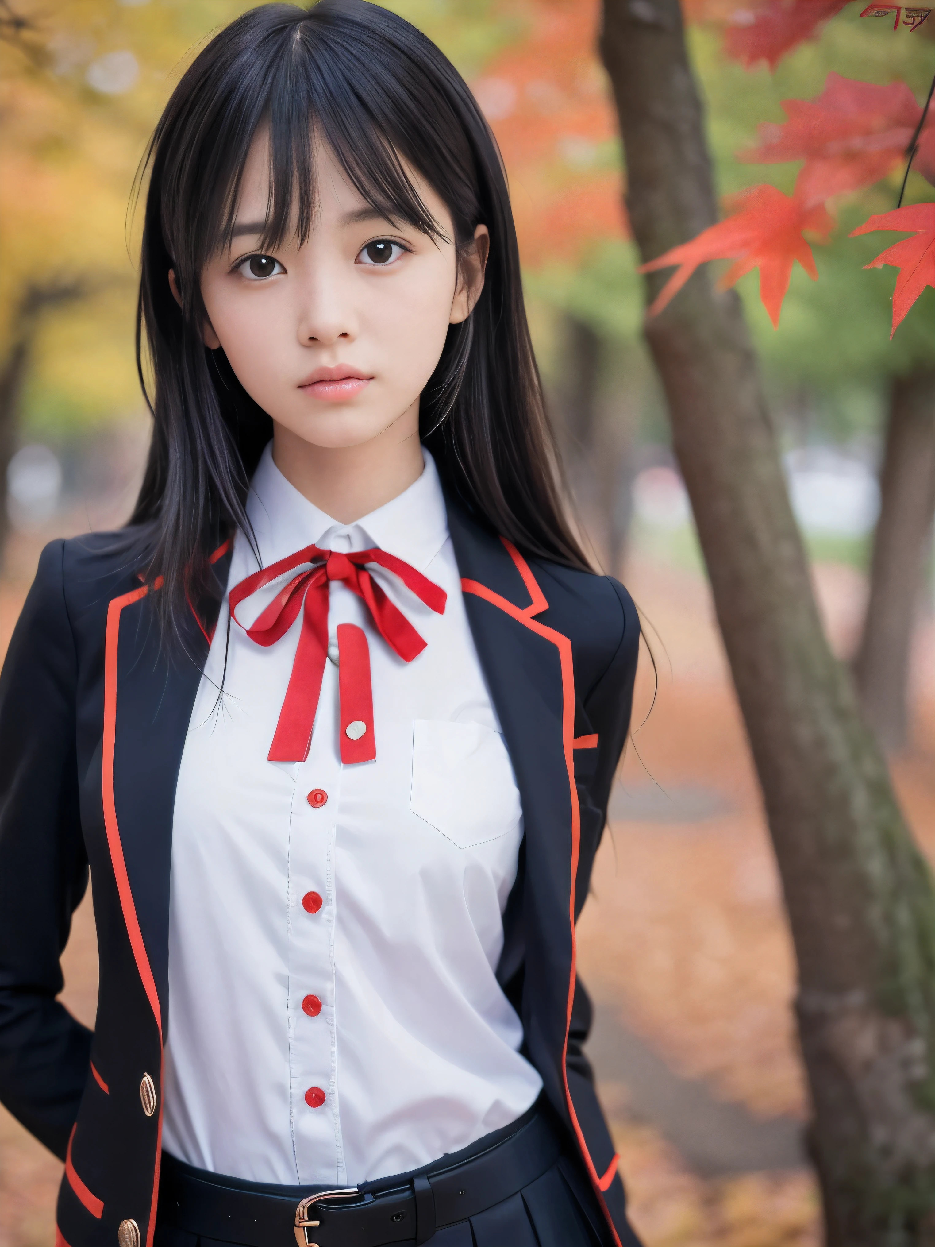 (Close up face shot of one slender small breasts two side up black medium hair bangs girl in a black blazer uniform with a red trimmed collar and black skirt:1.5)、(One girl is looking back with serious face and wearing a uniform with a black blazer and a skirt with a red edging collar:1.5)、(Beautiful red leaves and autumn mountain:1.5)、(Soft filter:1.5)、(8k ultra detailed master piece:1.5)、(perfect anatomy:1.5)、(Photorealistic stick:1.5)、(Raw photo:1.3)、(highest quality:1.5)、(High resolution:1.3)、(Delicate and beautiful perfect face:1.3)、(Delicate and beautiful eye air skin:1.3)、(Real Human Skin:1.3)、((thin legs))