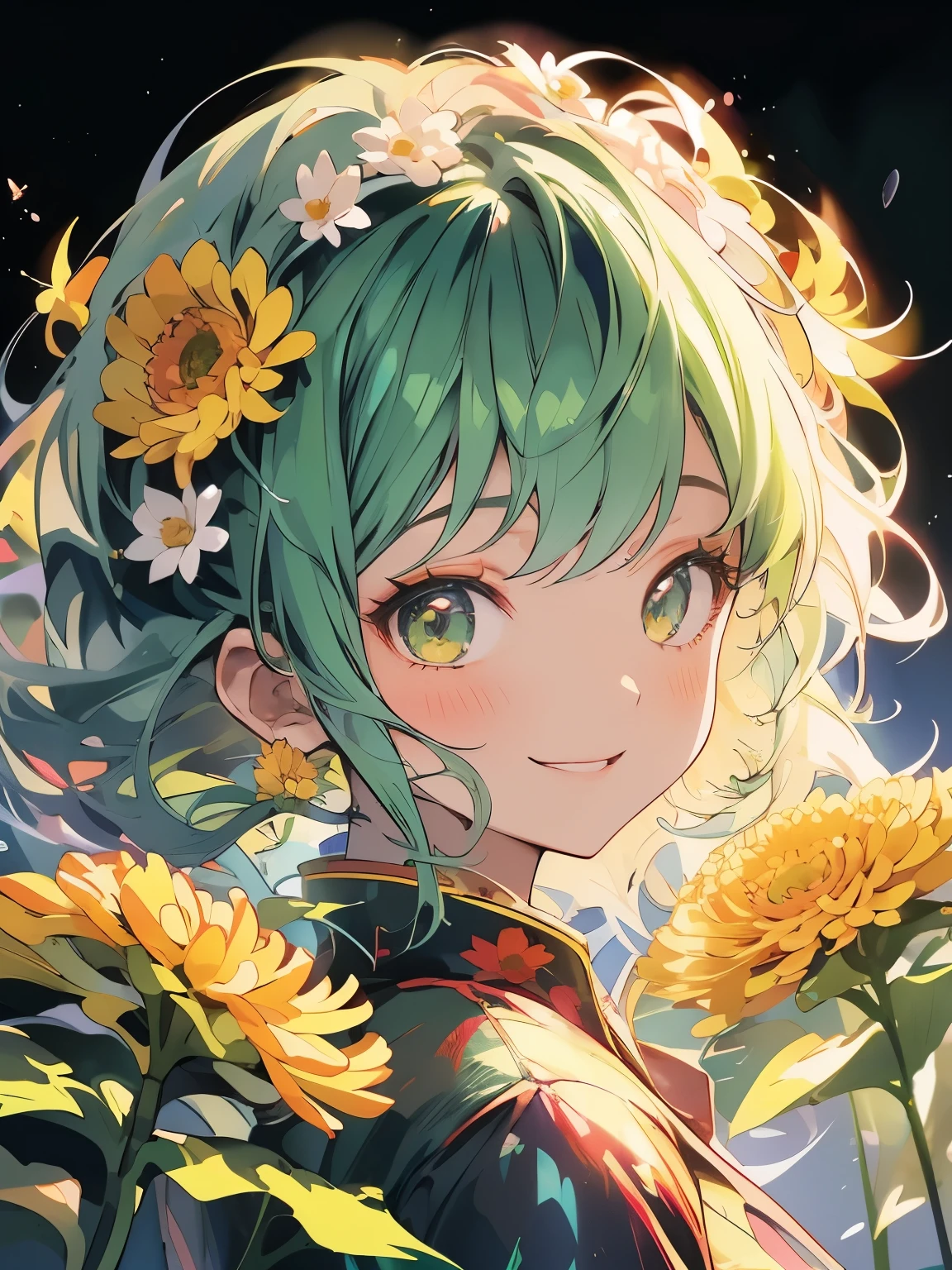 Masterpiece、smile、Anime Girls,Dark green hair、Cute Anime Girls、smile、((chrysanthemum))、Lots of chrysanthemums、fractal art、Gwaiz、Pool、garden、Flower garden、Red butterfly