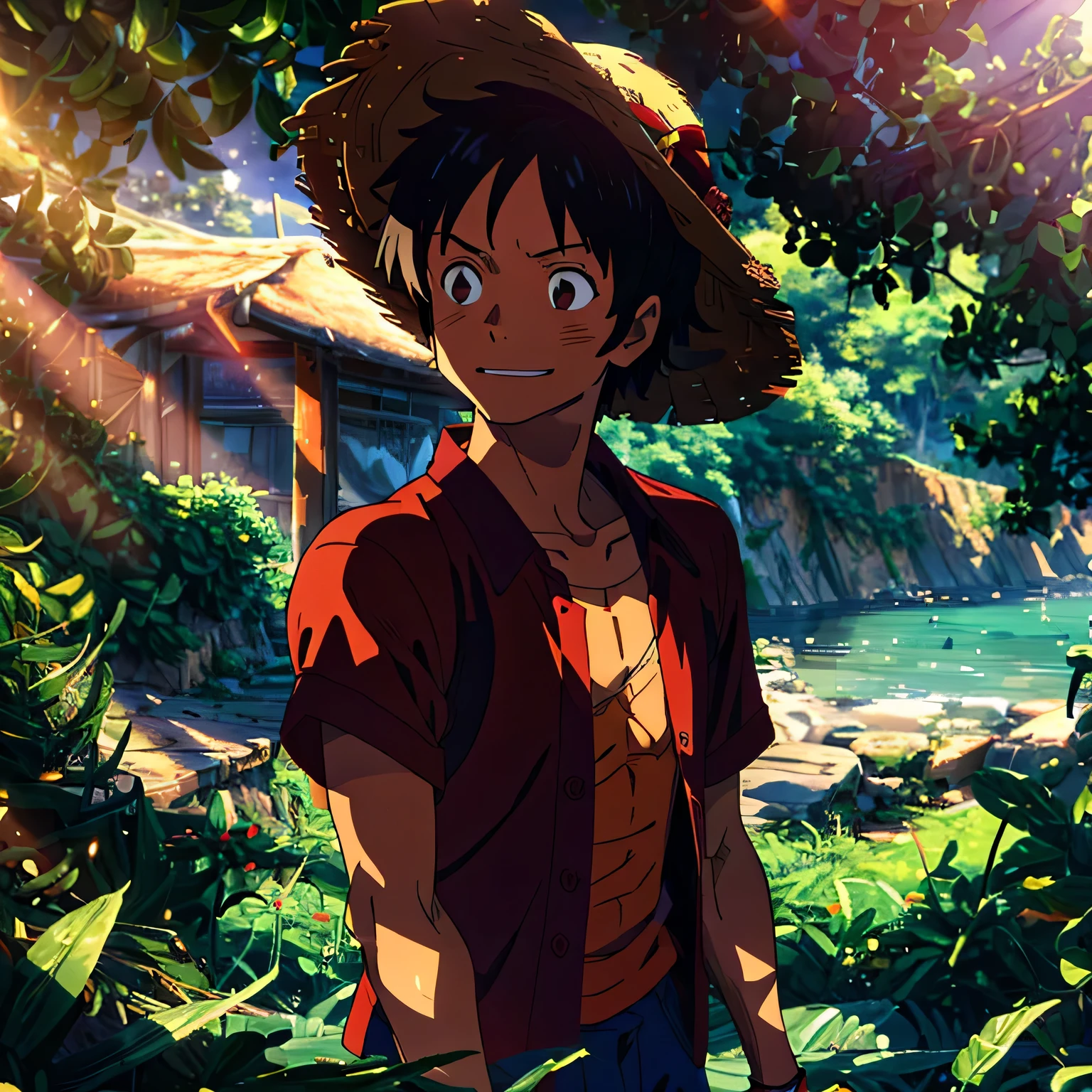 1boys, wanostyle, monkey d luffy, Smiling, Straw hat, look viewer, solo, Upper body, ((masterpiece)), (Best quality), (Extremely detailed), Depth of field, sketch, dark intensive shadows, Sharp focus quality, hdr, Colorful, Good composition, There were fires all around, spectacular, Closed shirt, Anime screenshots, Scars under the eyes, getting ready to fight, Dark eyes,deep of field,Sea backgroun,ship,sunrays,Red clothes,