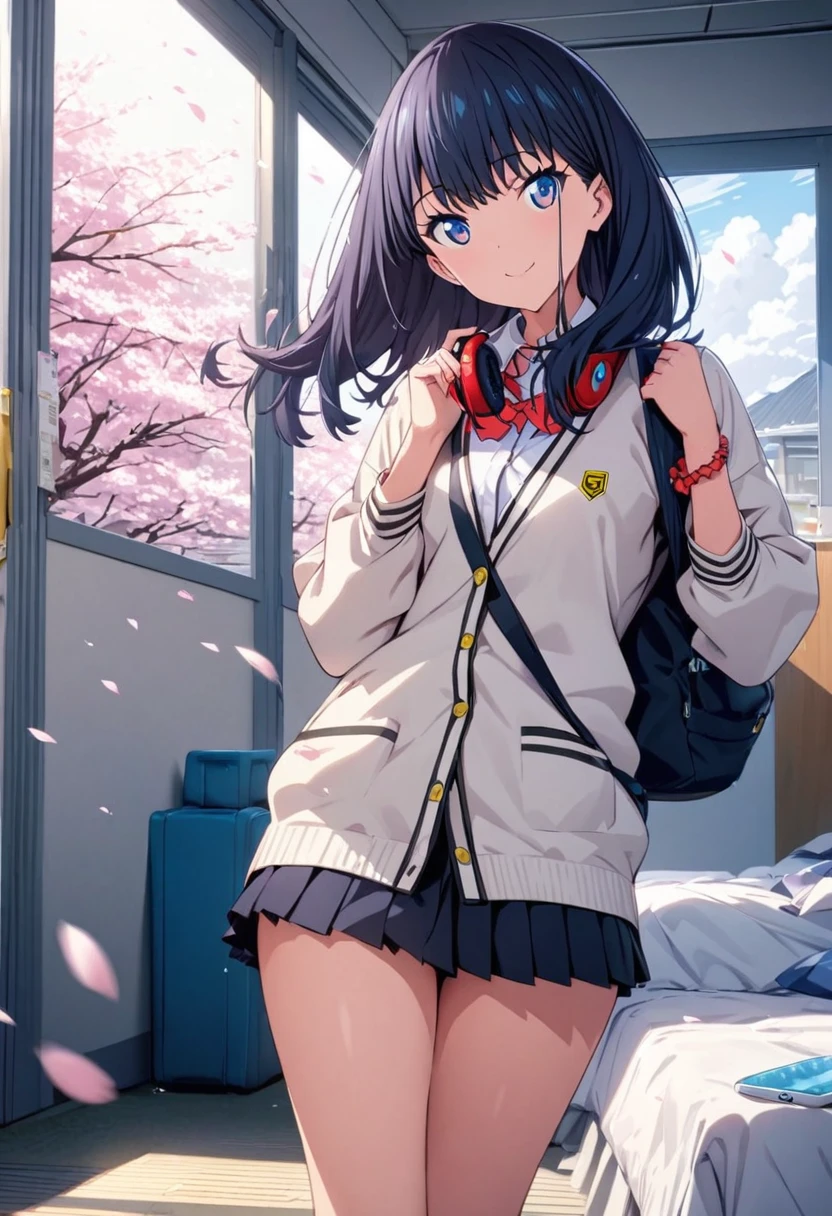 High-definition,high resolution,8k.perfect face,perfect figure, 1 girl.solo,TaKarada rikka_ssss.GRIdMAN.Inside the school, (A bed phone around my neck), a bag on my back,walking outside the school A large amount of cherry blossom snowstorm flows,cherry blossoms, hair fluttering in the wind,looking at the camera,wave, smile