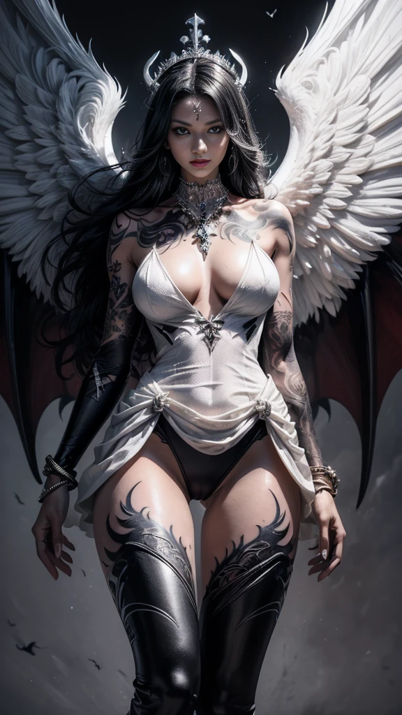((Perfect dynamic composition:1.7, Detailed tattoos all over the body:1.6, Wear exquisite jewelry:1.6)), Highly detailed skin and face:1.3, Details of the limbs, Wings on the shoulder, Angel wings and devil wings, White wings and black wings, (Realistic picture, highest resolution), (A demon god with wide wings and enormous power on his shoulders., Twelve wings on the shoulders, black bat wings:1.2, white angel wings:1.5), 6 angel wings, 6 devil wings, (Beautiful girl with two meter long hair, Shiny black hairงาม, Smooth white skin, Lips are very red.), ((stand, เรียบร้อยalready)), (หน้าอกbig, เต้านมbig), (gigantic breast, breast augmentation, Breast 400 cc., small waist, hips raised, small thighs, Long legs), (dynamic poses), (Armor that slightly covers the body), Separate theme, (Angel wings and devil wings), floating in the air above the groundดิน, background darkness, Embraced with twelve wings, The horns growing from his head resemble a crown., Those who have light, Wearing little armor, Energy comes out of the body., sparkling wings, White light, black light, Amazing wings, beautiful posture, 8K resolution, Resolution 4000 x 2250 pixels, beautiful posture, Angel wings and devil wings, (Realistic picture, highest resolution), (A demon god with wide wings and enormous power on his shoulders., Twelve wings on the shoulders, black bat wings:1white angel wings 3 อัน:1.5), Angel wings and devil wings, White wings and black wings, Angel wings and bat wings, Wings between wings, 12 Wings, 6 angel wings, 6 bat wings, Angel wings and devil wings, White wings and black wings, (Beautiful girl with two meter long hair, Shiny black hair, Smooth white skin, Lips are very red.), My hair is very long., ((stand, already)), (หน้าอกbigโต, เต้านมbig), (gigantic breast, small waist, hips raised, small thighs, Long legs), (dynamic poses), (Black and white tight dress, There are beautiful patterns., Decorated with gold embroidery, Show your breasts), Separate theme, (Angel wings and devil wings), floating in the air above the ground, background darkness, Embraced with twelve wings, He is both white and black., A glowing rainbow on the back of the head, The biggest breasts, big, Backdrop of the Universe, dynamic gesture, Drive skin, Smooth white skin, (The wings are layered., Alternate with white, Alternate with black), Separate the wings of the god and the wings of the devil, Show the whole body and wings, The fairy wings and bat wings are prominent.