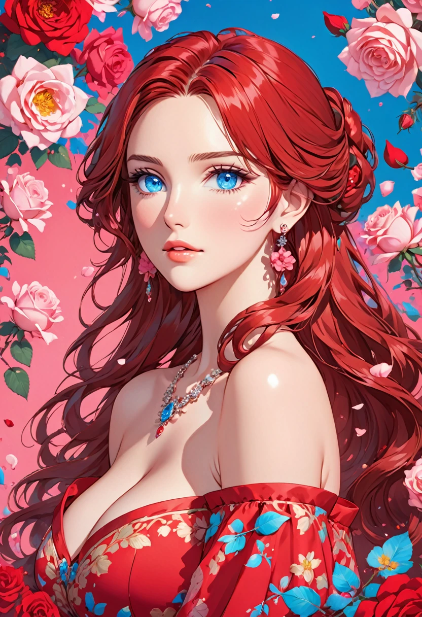 an anime female dressed like a princess with roses all around her on a bright pink background, 1girl, solo, breasts, jewelry, earrings, flower, cleavage, blue eyes, long hair, looking at viewer, parted lips, collarbone, bare shoulders, petals, red hair