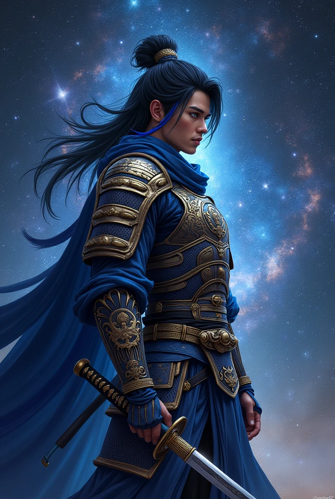 put the name: (The Eminent Divine Spirit), written in the drawing. Create a character, MALE with WARRIOR ARMOR style HOLDING KATANA from JAPANESE ANIME in a cosmic environment, black hair with a cobalt blue strand in a single hair, cobalt blue eyes. Don't forget to put the name "THE EMINENT DIVINE SPIRIT".