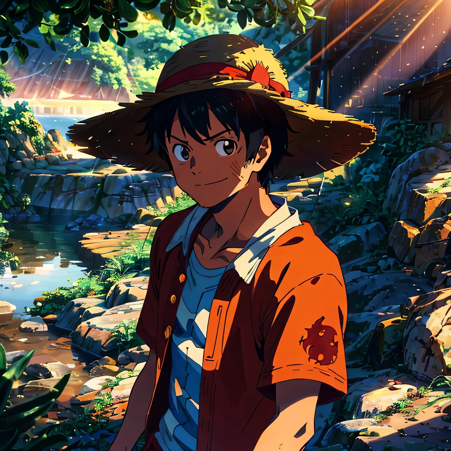 1boys, wanostyle, monkey d luffy, Smiling, Straw hat, look viewer, solo, Upper body, ((masterpiece)), (Best quality), (Extremely detailed), Depth of field, sketch, dark intensive shadows, Sharp focus quality, hdr, Colorful, Good composition, There were fires all around, spectacular, Closed shirt, Anime screenshots, Scars under the eyes, getting ready to fight, Dark eyes,deep of field,Sea backgroun,ship,sunrays,Red clothes,
