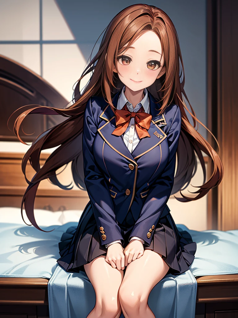 One person, Chestnut Hair, Shoulder-length hair,Half Up,Large Breasts, smile, Droopy eyes, Quiet,perspective, height: 165cm,High School Uniform,Navy blue blazer,White blouse,Orange bow ribbon,Grey knee-length flared skirt,Anime Style,Knee-length skirt,Healthy sex appeal,High resolution, Anatomically correct, 最High quality, Corruption, detailed, High detailed, High resolutionモデル, High quality, quality, Very detaileded, 超High resolution, Textured skin, Exposed forehead,happiness, Viewfinder, smile, Multiview, 