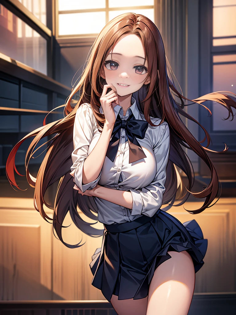 One person, Chestnut Hair, Shoulder-length hair,Half Up,Large Breasts, smile, Droopy eyes, Quiet,perspective, height: 165cm,High School Uniform,Navy blue blazer,White blouse,Orange bow ribbon,Grey knee-length flared skirt,Anime Style,Knee-length skirt,Healthy sex appeal,High resolution, Anatomically correct, 最High quality, Corruption, detailed, High detailed, High resolutionモデル, High quality, quality, Very detaileded, 超High resolution, Textured skin, Exposed forehead,happiness, Viewfinder, smile, Multiview,