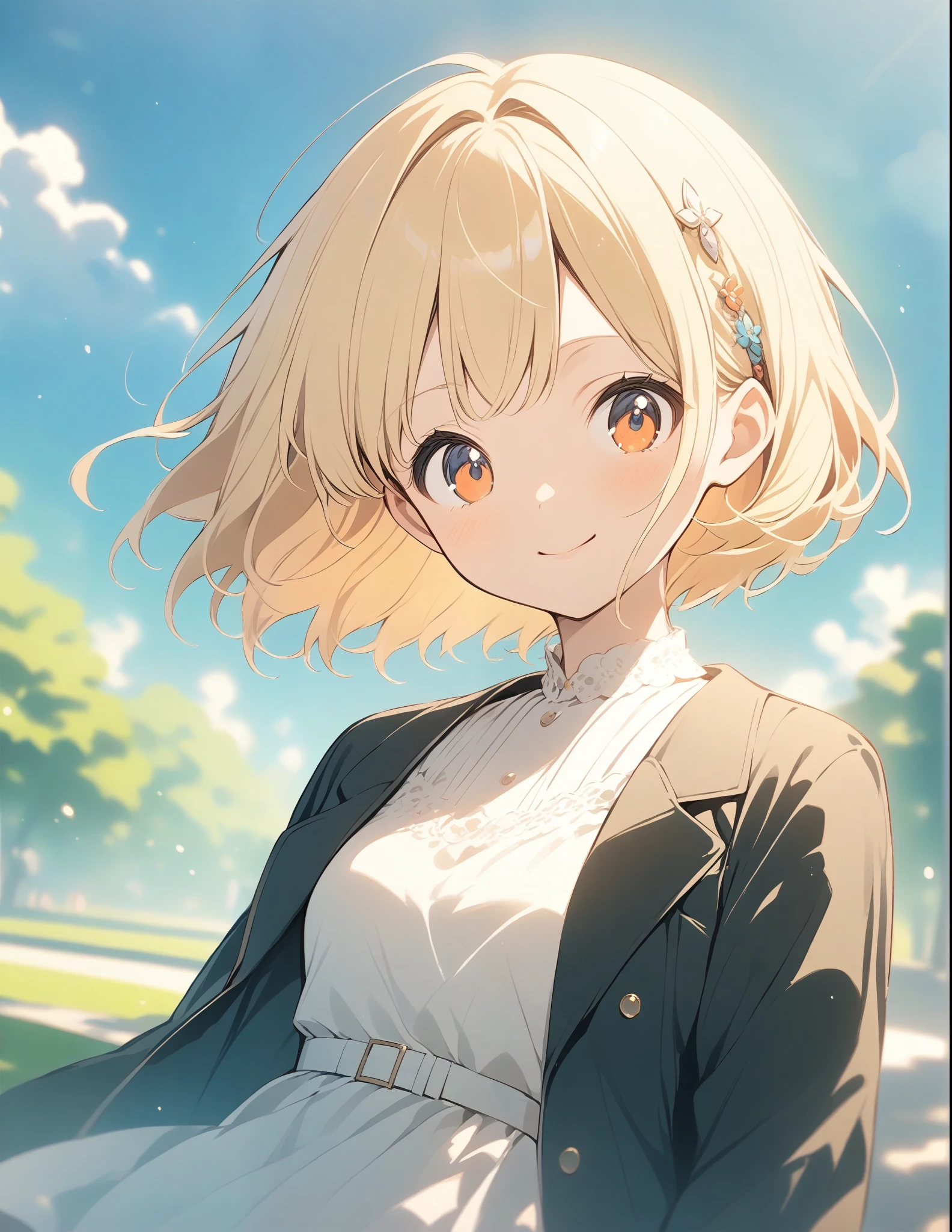 ((masterpiece,best quality)),1girl,solo, (((Chisato Nishikigi))), short hair, light yellow hair, solo, dress, detail eyes, looking at viewer, long sleeves, standing, white dress, gloves,hair ornament, black jacket, smile, floating hair, dutch angle, closed mouth, looking away, (center park),cloudy sky, blue sky, warm color,