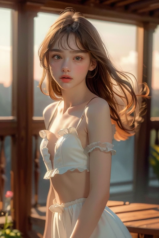 (masterpiece, Highest quality:1.1), (ultra detailed 8k cg:1.2), (hyperRealistic:1.35), (PhotoRealistic:1.45), (Realistic:1.4), [Cowboy Shot], (Soft lighting), Beautiful Russian,Very beautiful face, Like a middle schooler,(Crown Blade),Medium Hair,Put your hands in your hair, Underarm, Please raise your hand,(Flat Chest:1.2),Small upwards ,Slender waist,