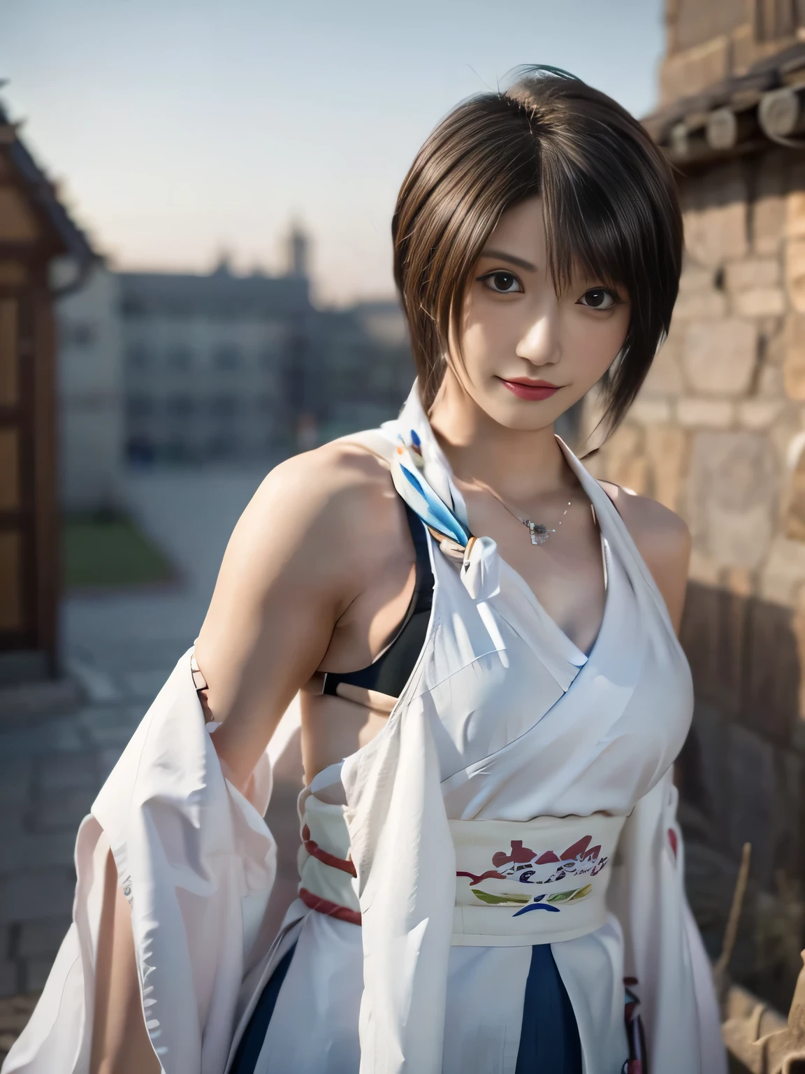 20 year old Japanese beauty,One person、Muscular body like a bodybuilder、Emphasize the breasts、Slit eyes、A head-to-toe view,Bust is very very large、The background is a medieval European kitchen、High quality photos、Clear, crisp images of the lower body、Masterpiece 8k、Smiling、Doing a high kick、From the front, from the side, from the back, etc.々from what camera angle to shoot、FF10 Yuna's outfit、
