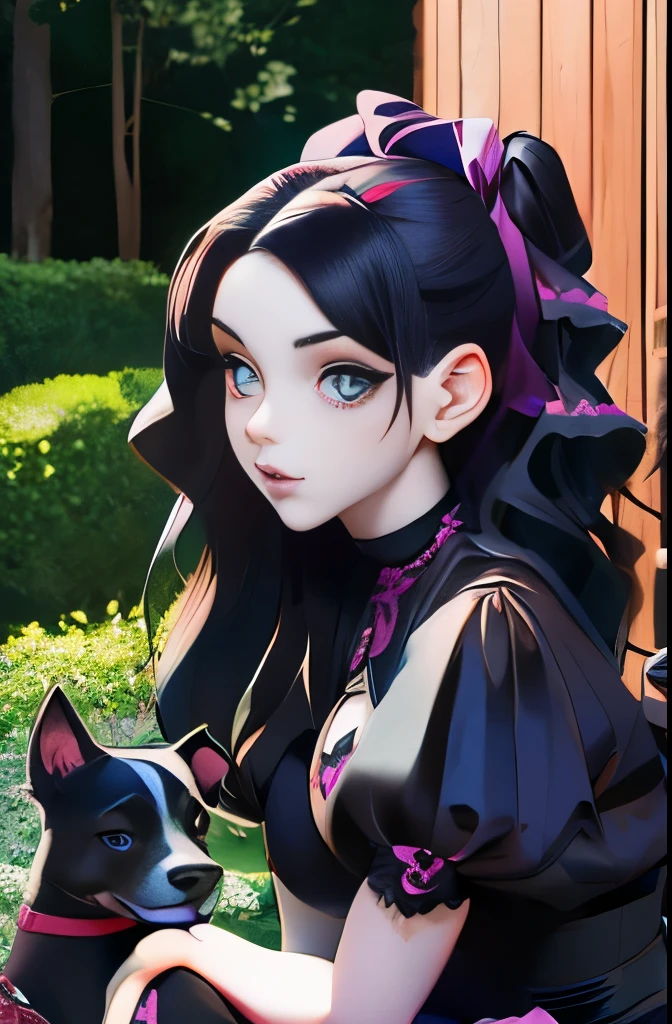 araffed woman sitting on a wooden deck with a dog, a portrait inspired by Ayami Kojima, reddit, gothic art, 1 7 - year - old goth girl, young beautiful amouranth, cruel korean goth girl, 1 7 - year - old anime goth girl, goth girl, anime girl in real life, amouranth, goth girl aesthetic